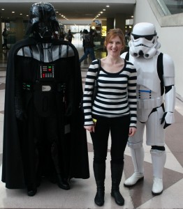 Sarah with Darth Vader and a storm trooper