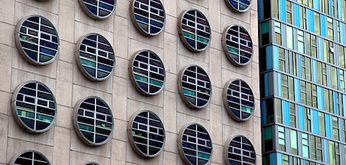 Building w/ porthole windows close-up