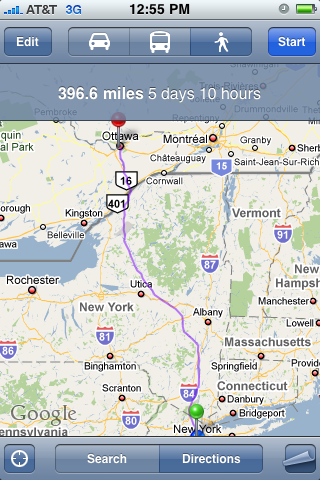 Google Maps Directions: NYC to Ottawa by Foot