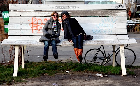 Aine and Wendy on oversized bench