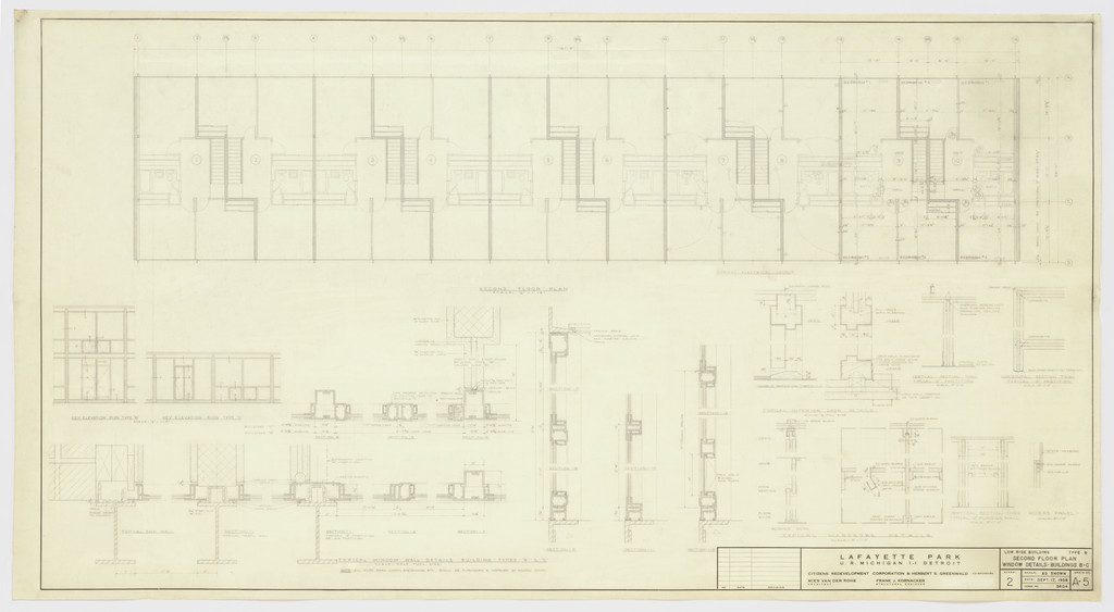 Pavilion Apartments and Town Houses, Lafayette Park, Detroit, MI, Elevations, sections (Low-rise building. Type B. Town houses. Second floor plan. Window details.)