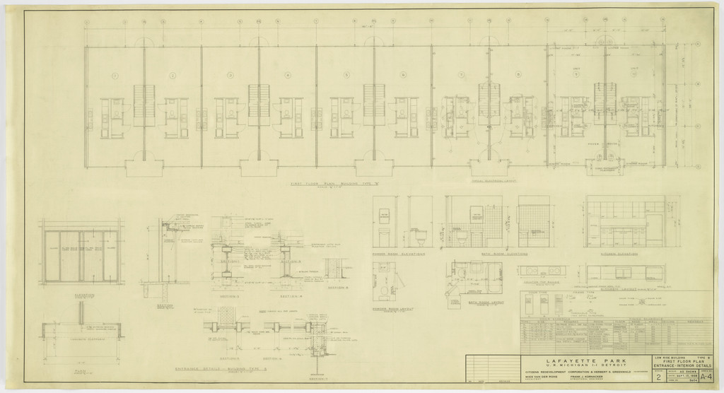 Pavilion Apartments and Town Houses, Lafayette Park, Detroit, MI, Plans, elevations, sections (Low-rise building. Type B. First-floor plan. Entrance. Interior detail.)