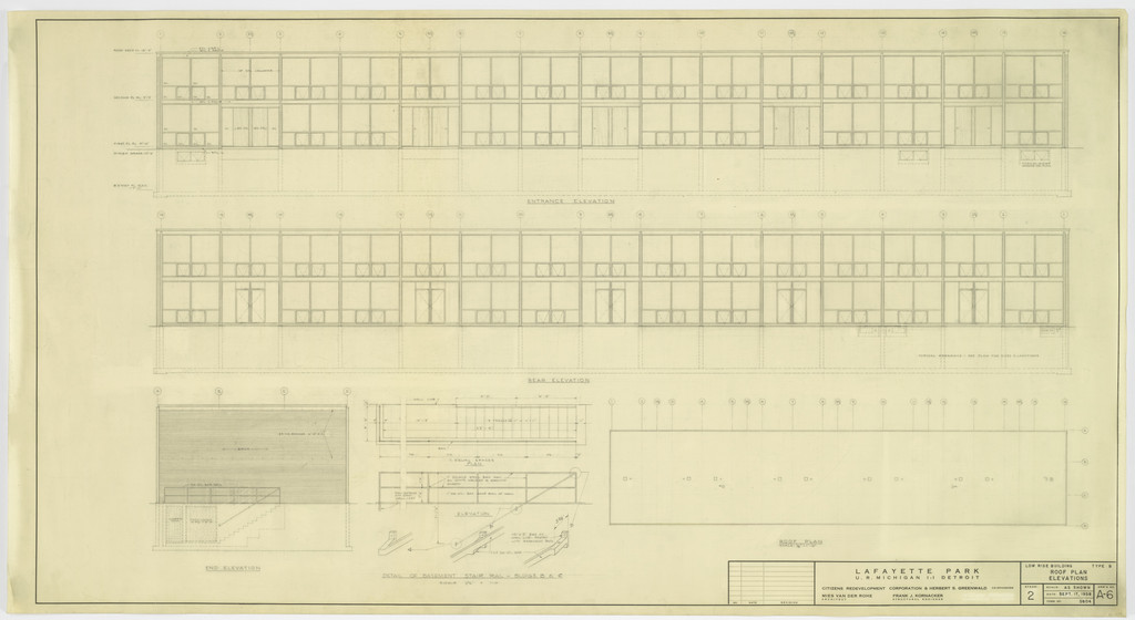 Pavilion Apartments and Town Houses, Lafayette Park, Detroit, MI, Plan, elevations (Low Rise Building. Type B. Roof Plan.)