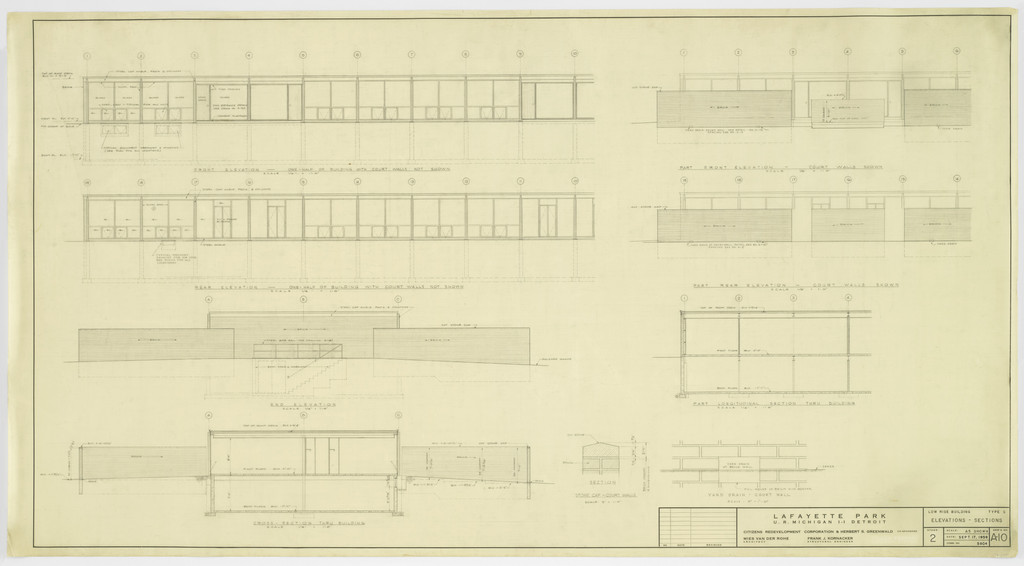 Pavilion Apartments and Town Houses, Lafayette Park, Detroit, MI, Elevations, sections (Low-rise building. Type C. One-story court walled houses.)