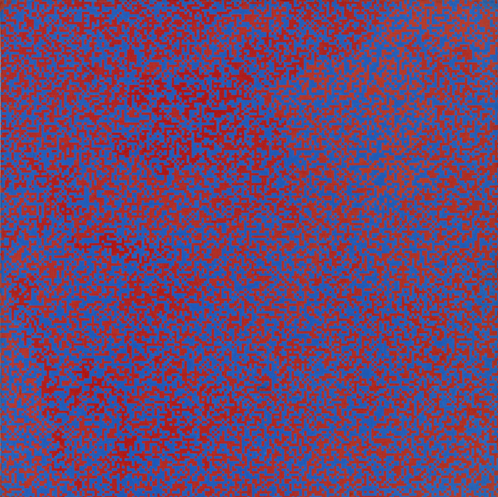 Random Distribution of 40,000 Squares Using the Odd and Even Numbers of a Telephone Directory, 50% Blue, 50% Red