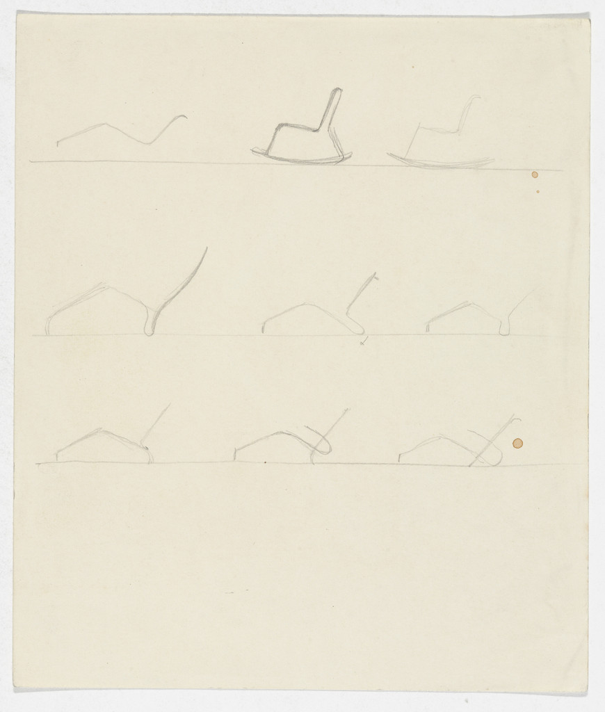 Three perspective sketches and one sketch of MR20 Side Chair with figures