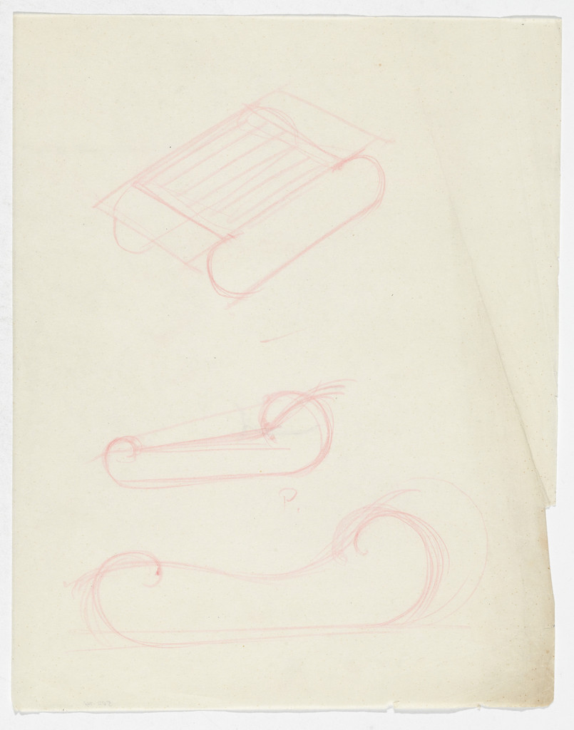 Reclining Chair without Arms (Two elevation sketches, one perspective sketch)