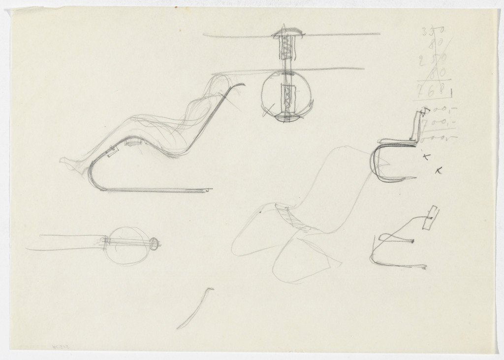 Reclining Chair without Arms. Chair without Arms. (Three detail sketches)