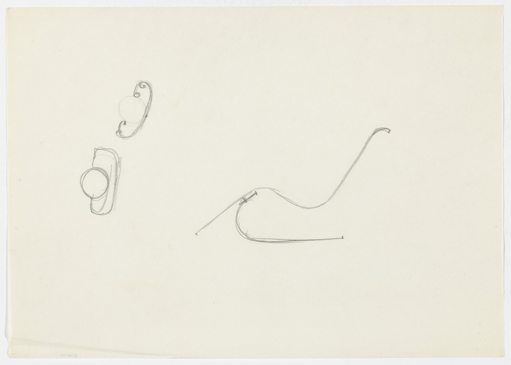 Reclining Chair without Arms (One elevation sketch, two detail sketches)