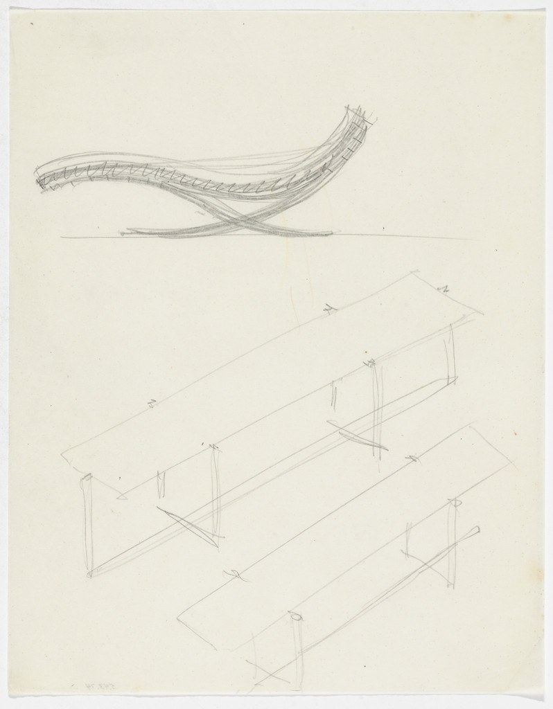 Reclining Chair without Arms. Table. (Elevation sketch; two perspective sketches)