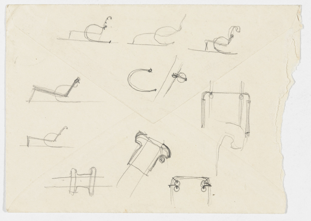 Reclining Chair with Arms (Five elevation sketches; six detail sketches)