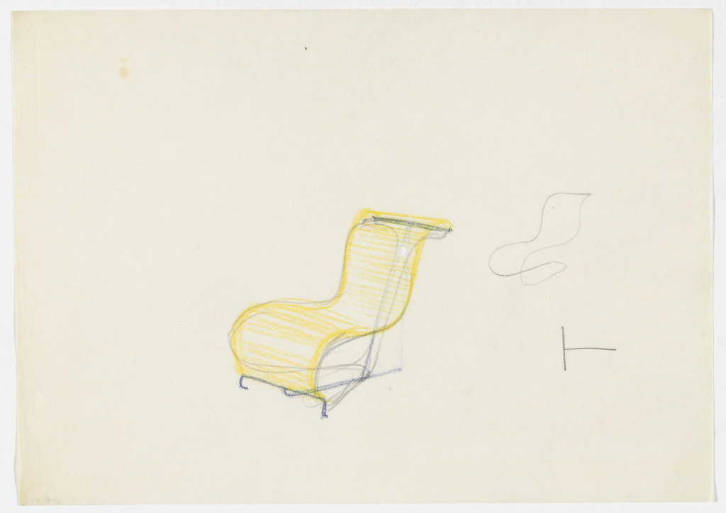 Lounge Chair without Arms (Two perspective sketches, one detail elevation sketch)