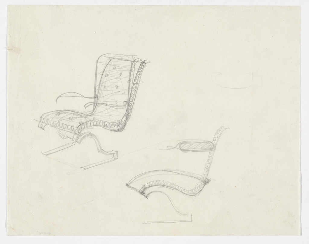 Lounge Chair without Arms (One perspective sketch, one elevation sketch)