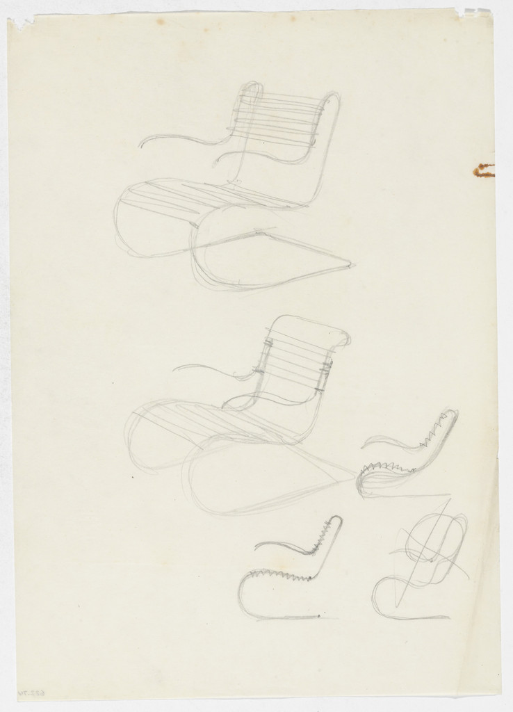 Lounge Chair with Arms (Two perspective sketches, three elevation sketches)