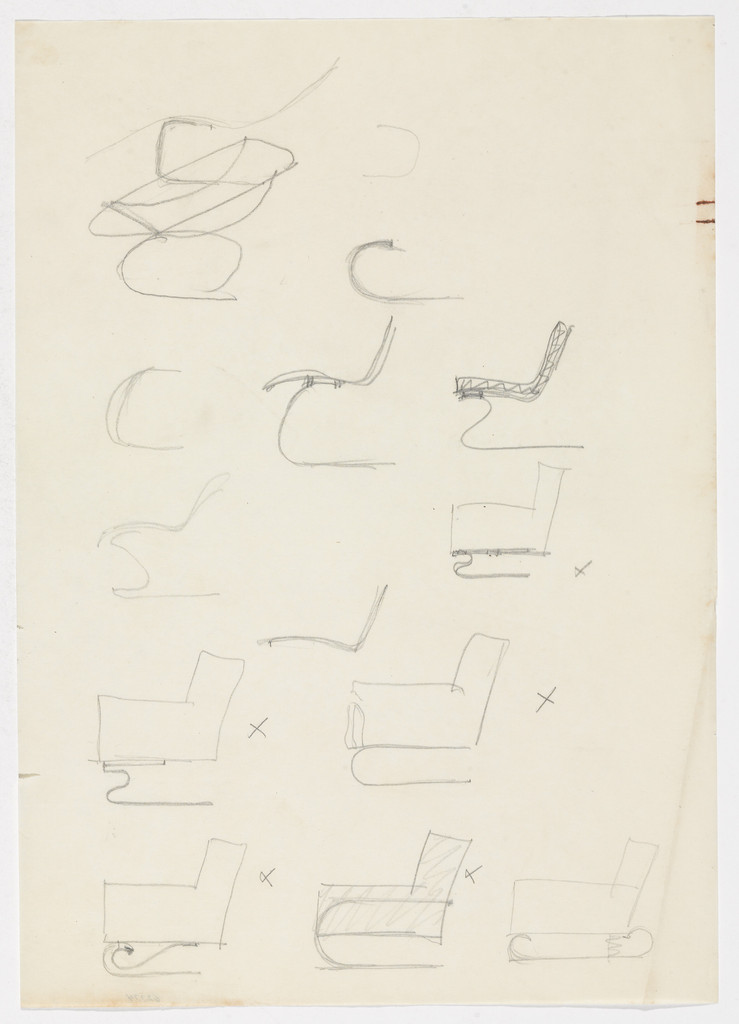 Lounge Chairs with Arms. Tugendhat Chair. (Elevation sketches; elevation sketch, frame details sketches)