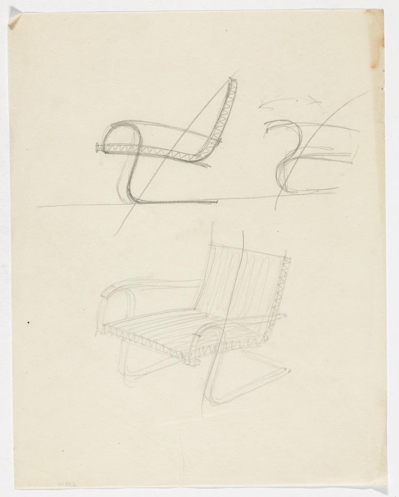 Lounge Chair with Arms (Perspective sketch; two elevation sketches)