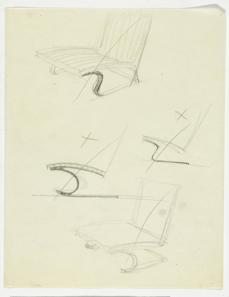 Tugendhat Chair. Lounge Chair without Arms. (Perspective and elevation sketches)