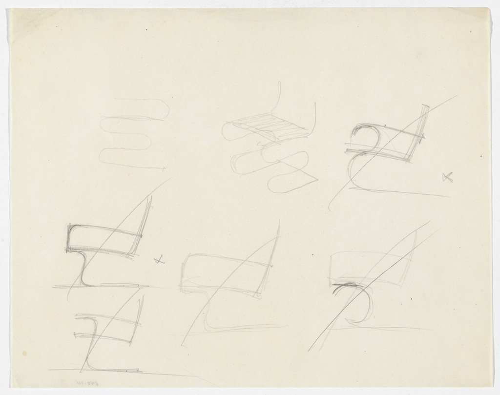 Lounge Chair with Arms (Perspective sketch and six elevation sketches)