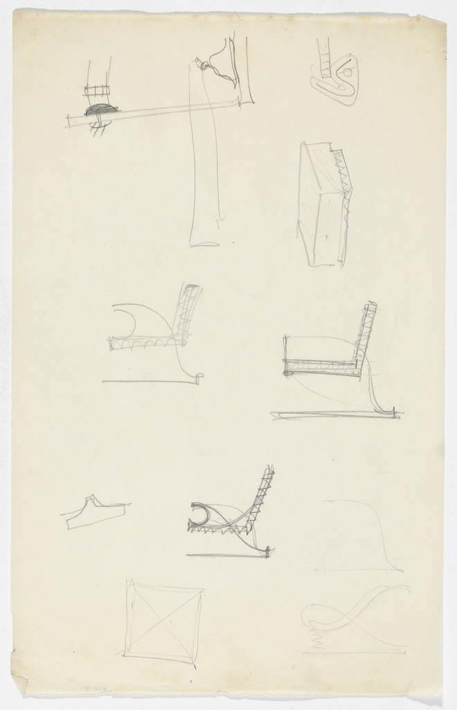 Lounge Chair with Arms. Table. Unidentified detail sketches. (Elevation sketches, plan and perspective sketch)