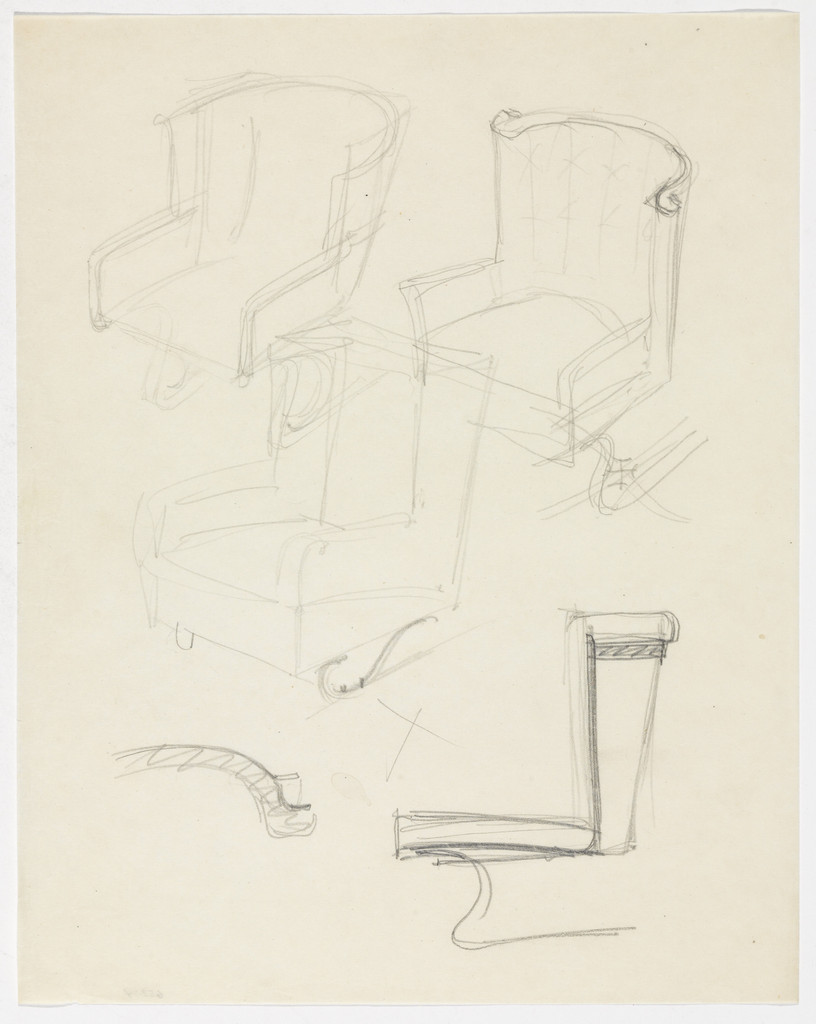 Chair with Arms. Chair without Arms. (Perspective sketches, elevation sketch and detail elevation sketch)