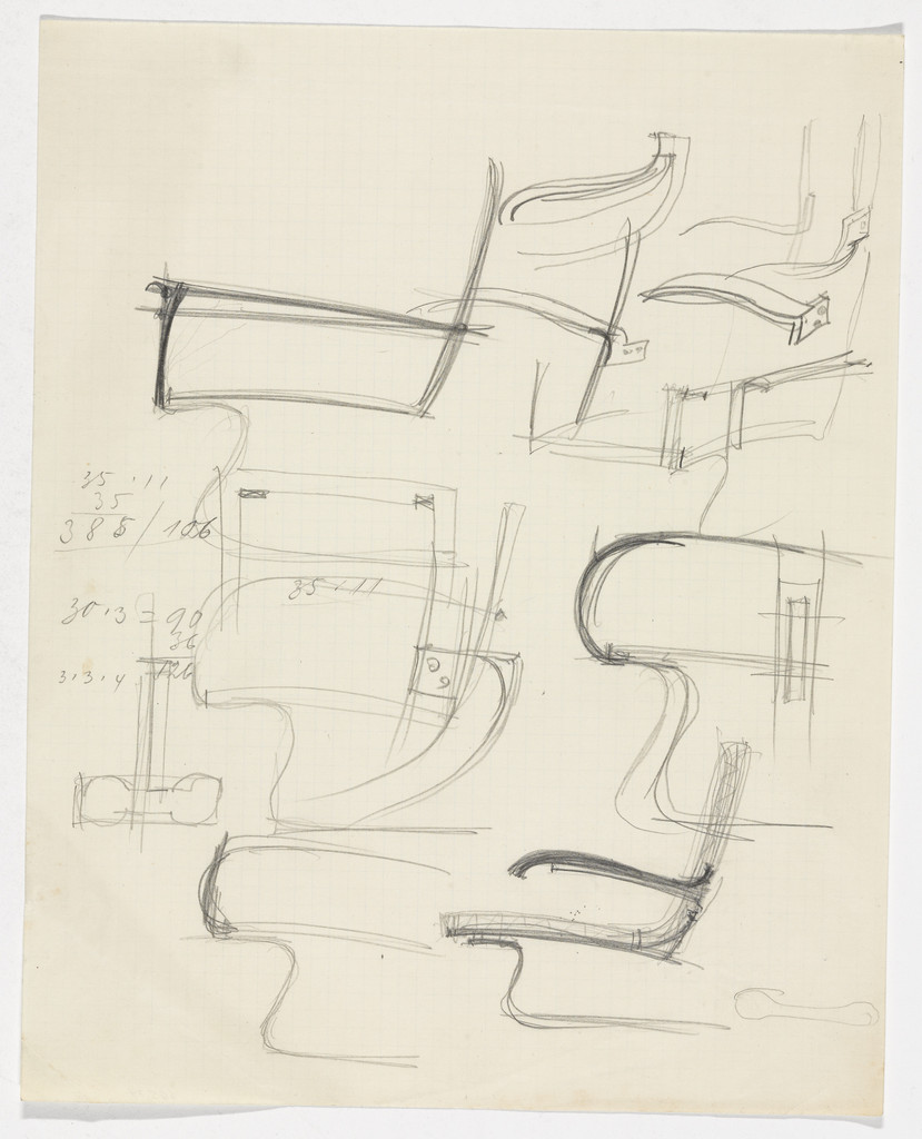 Tugendhat Chair (Two elevation sketches; numerous detail sketches)