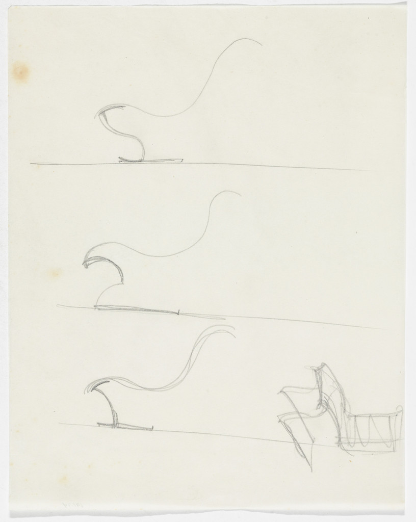 Lounge Chair without Arms (Three elevation sketches, one perspective sketch)