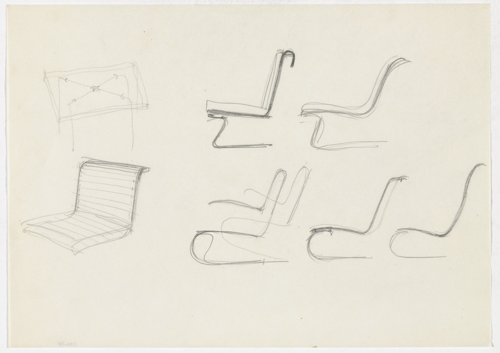 Tugendhat Coffee Table. Lounge Chair (similar to Tugendhat Chair). Lounge Chair (similar to MR10) (Elevation sketches, perspective sketch)