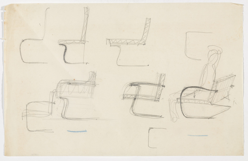 Tugendhat Chair. Brno Chair. Two Chairs with Arms. (Elevation sketches, perspective sketch)