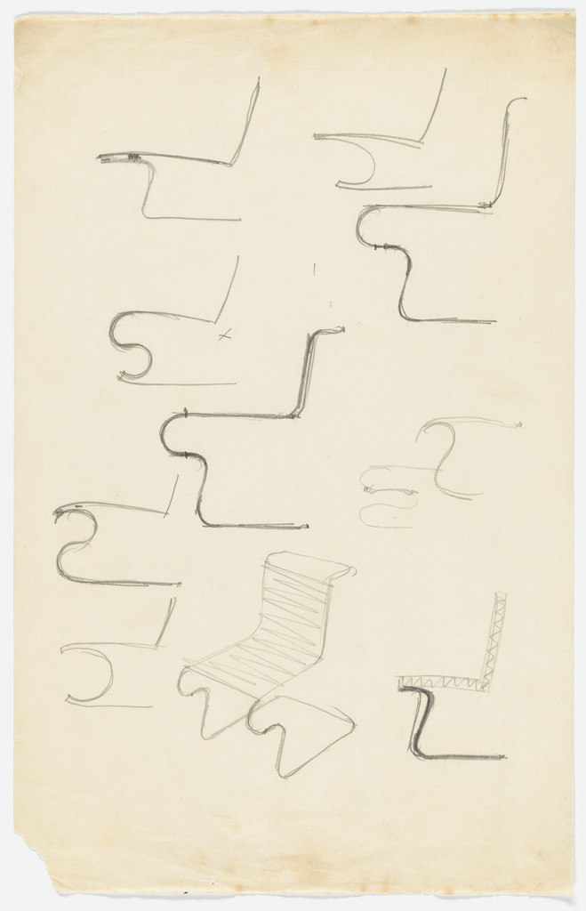 Chair without Arms (similar to MR60) (Elevation sketches, perspective sketch)