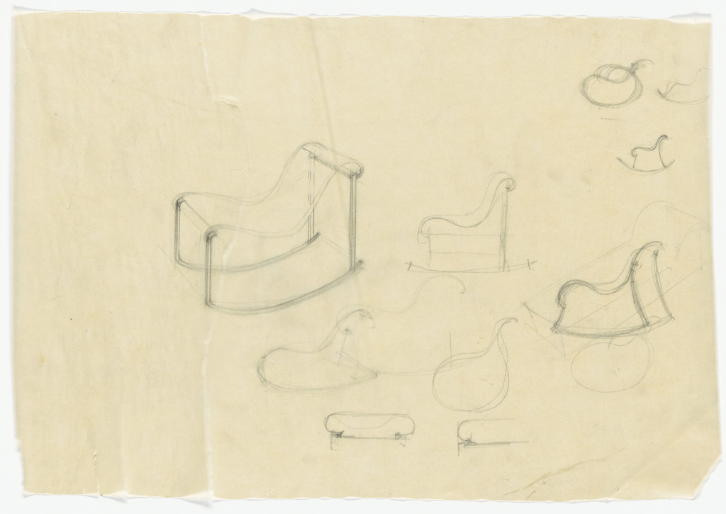 Lounge Chair with Rocker, without Arms (Perspective sketch and elevation sketches)
