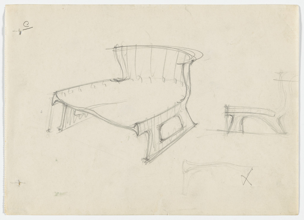 Conchoidal Chair (Perspective sketch, elevation sketches)