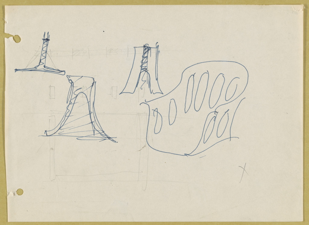 Conchoidal Chair with Arms (Perspective sketch, elevations)