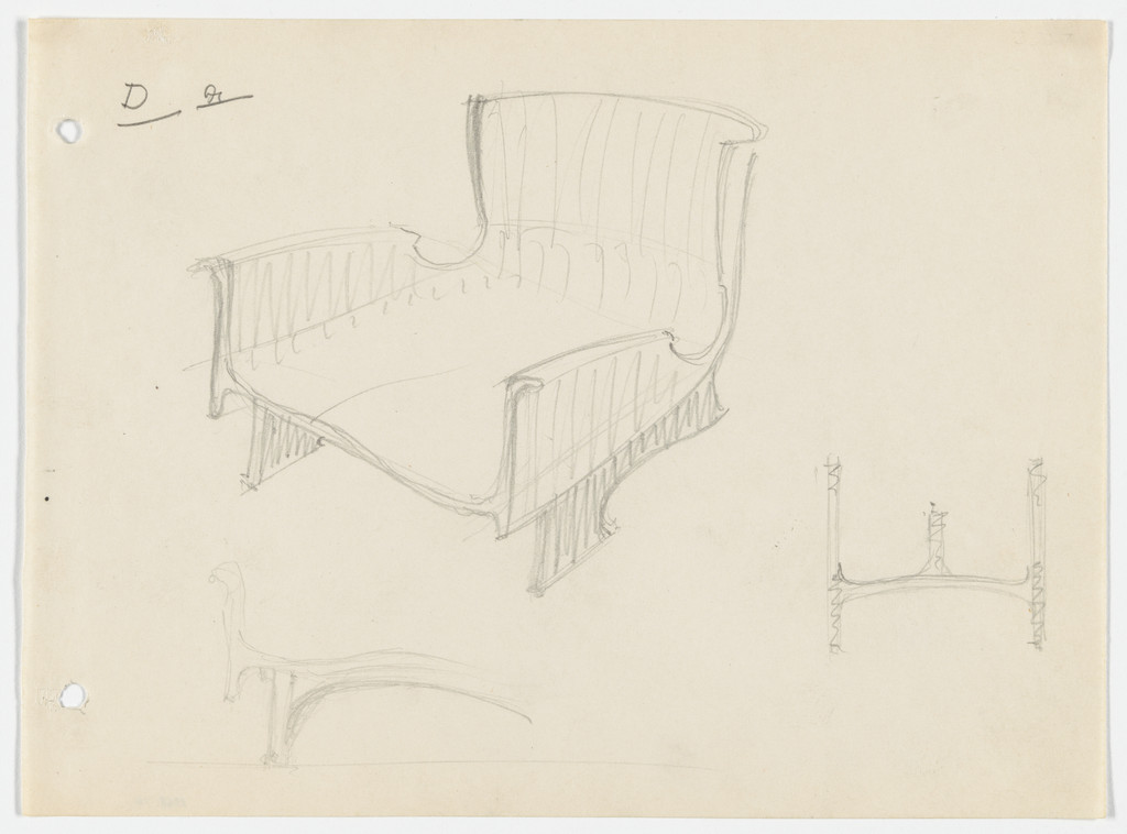 Conchoidal Chair with Arms (Perspective sketch, elevation sketches)