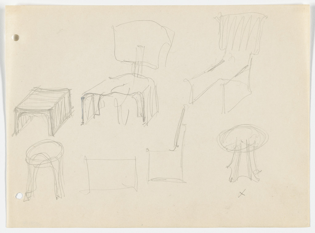 Chair. Square Table. Round Table. (Perpsective sketches, elevation sketch)