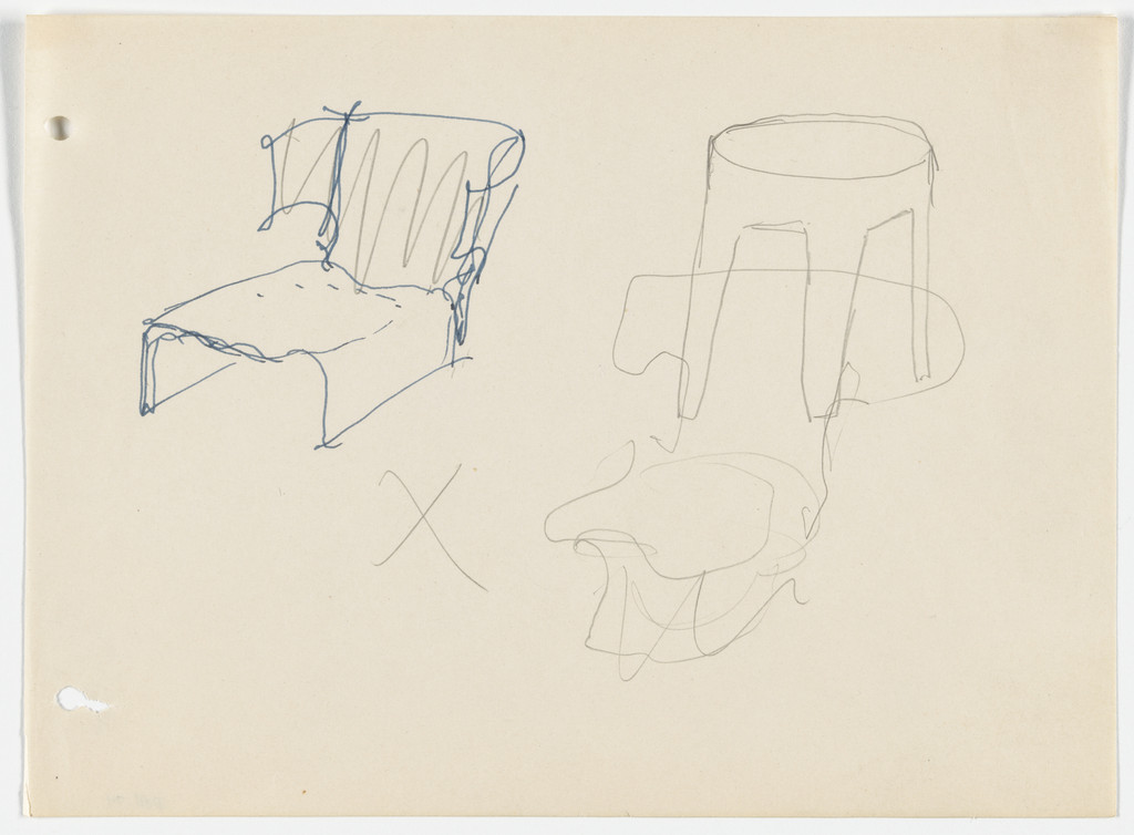 Conchoidal Chair without Arms. Round Table. (Perspective sketches)
