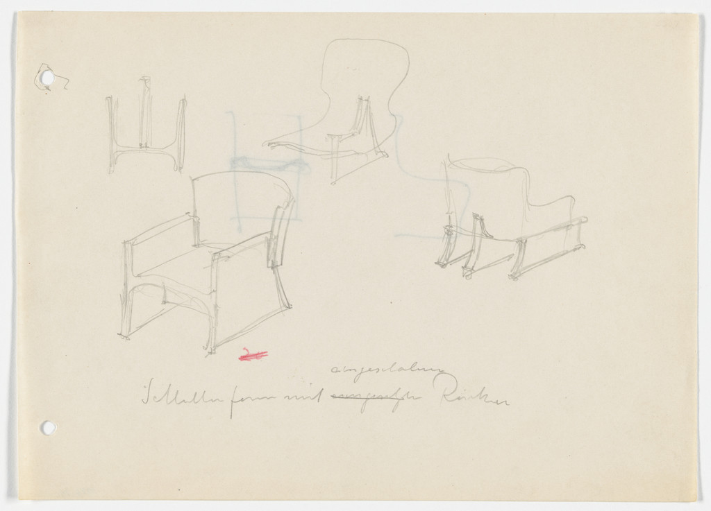 Chair with Arms. Seat. Base. (Elevation and perspective sketches)