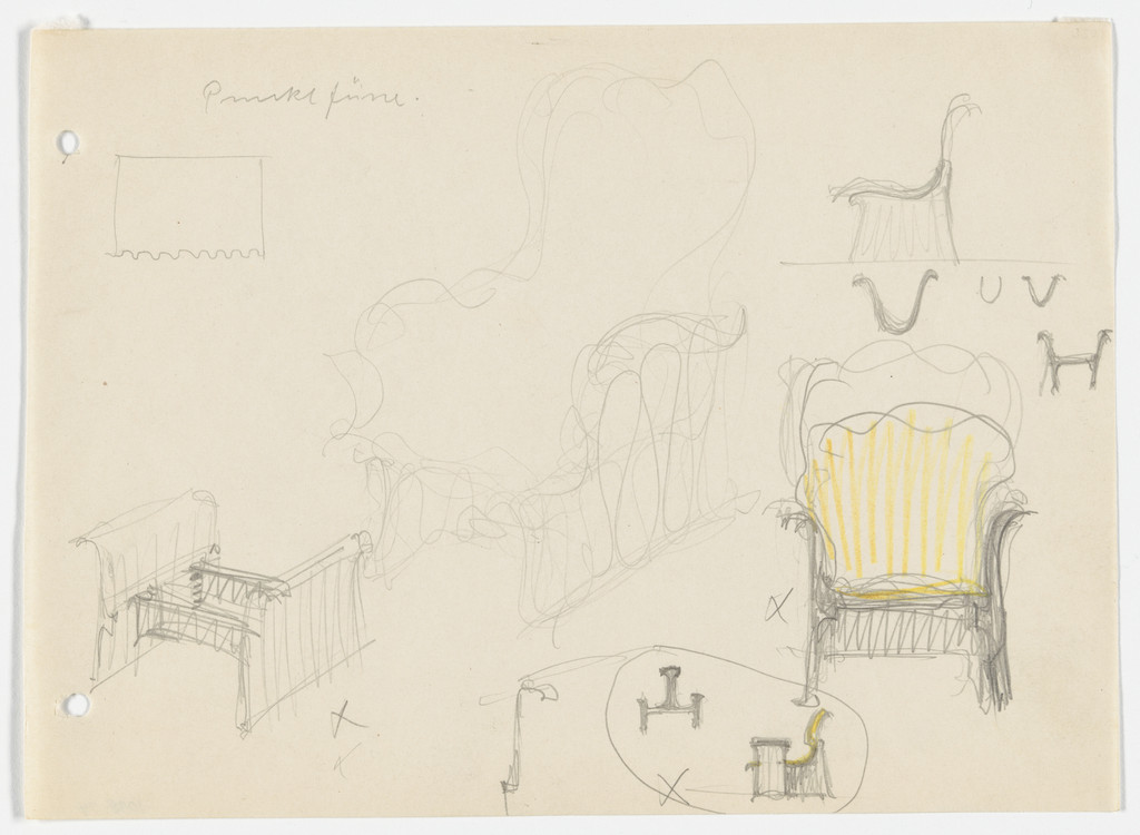 Conchoidal Chair with Arms. Conchoidal Chair without Arms. Base. (Perspective and elevation sketches)