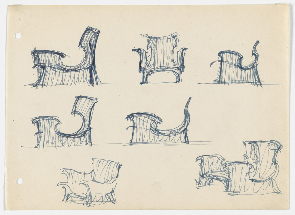 Conchoidal Chair with Arms (Perspective and elevation sketches)