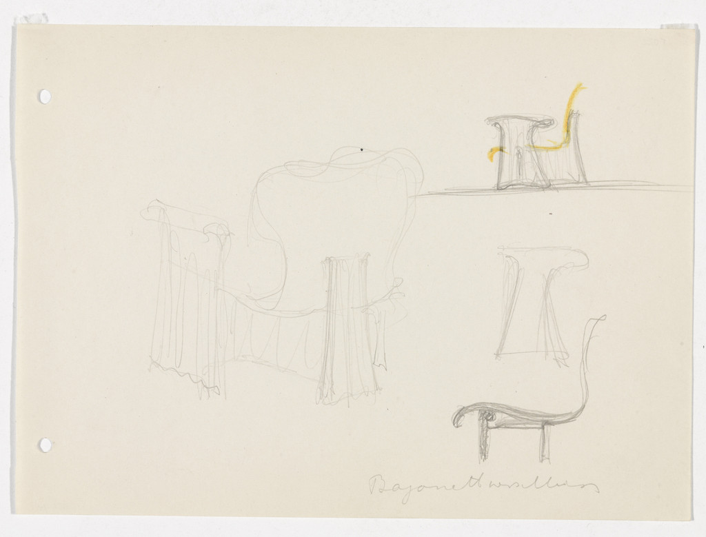 Conchoidal Chair with Arms. Conchoidal Chair without Arms (Perspective and elevation sketches)