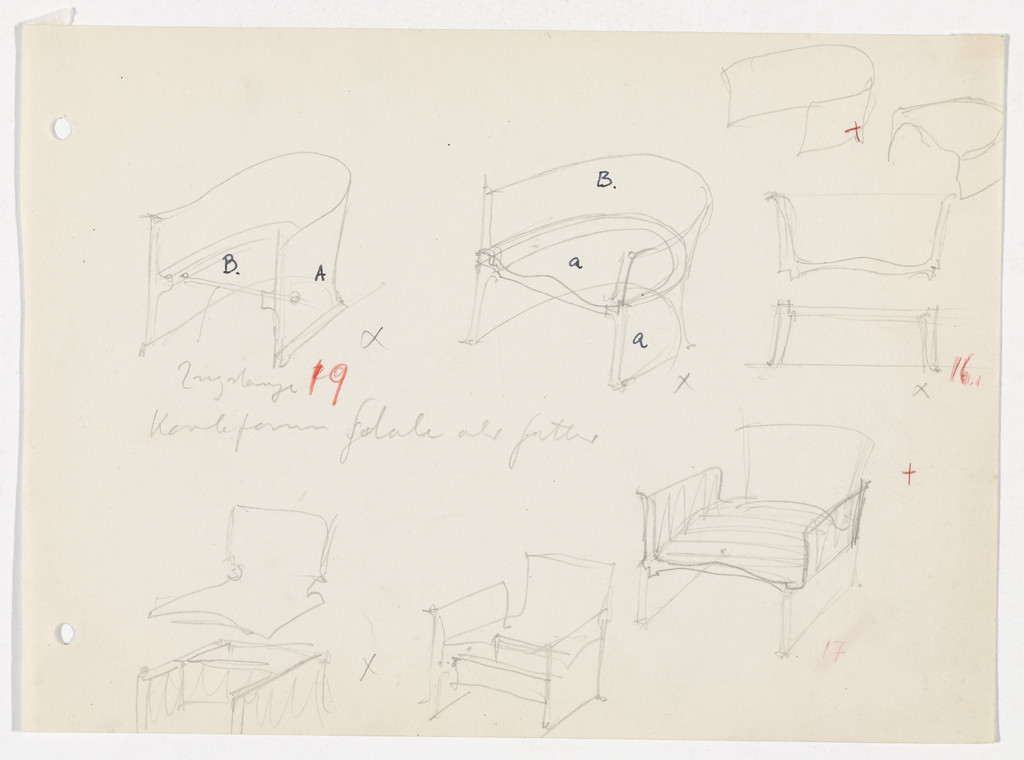 Conchoidal Chair with Arms (Perspective and elevation sketches)