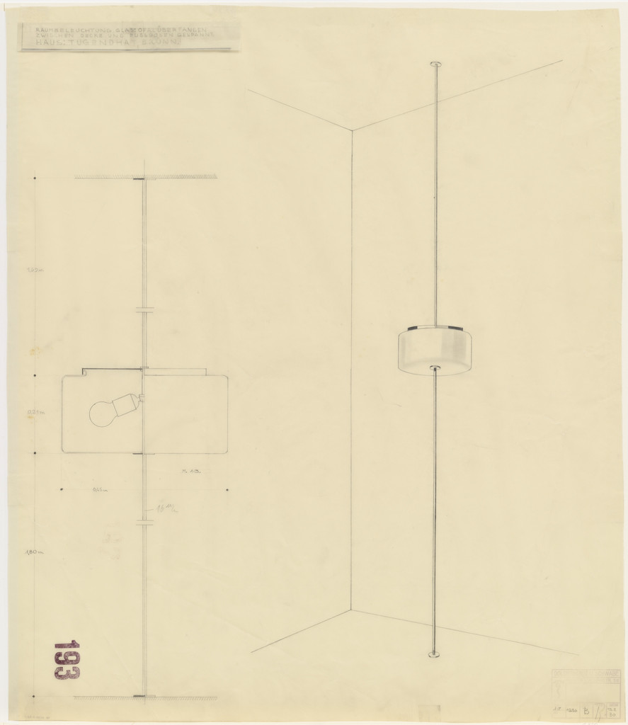 Tugendhat House, Brno, Czech Republic (Lamp placed on rod stretching from floor to ceiling. Perspective, section.)