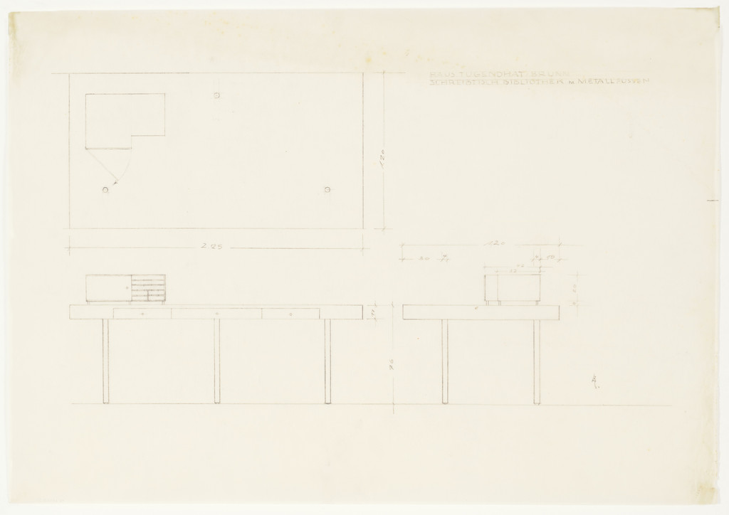 Tugendhat House, Brno, Czech Republic, Library desk. Plan, two elevations.