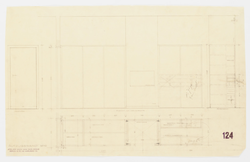 Tugendhat House, Brno, Czech Republic (Dumbwaiter wall. Elevation, vertical and horizontal sections)