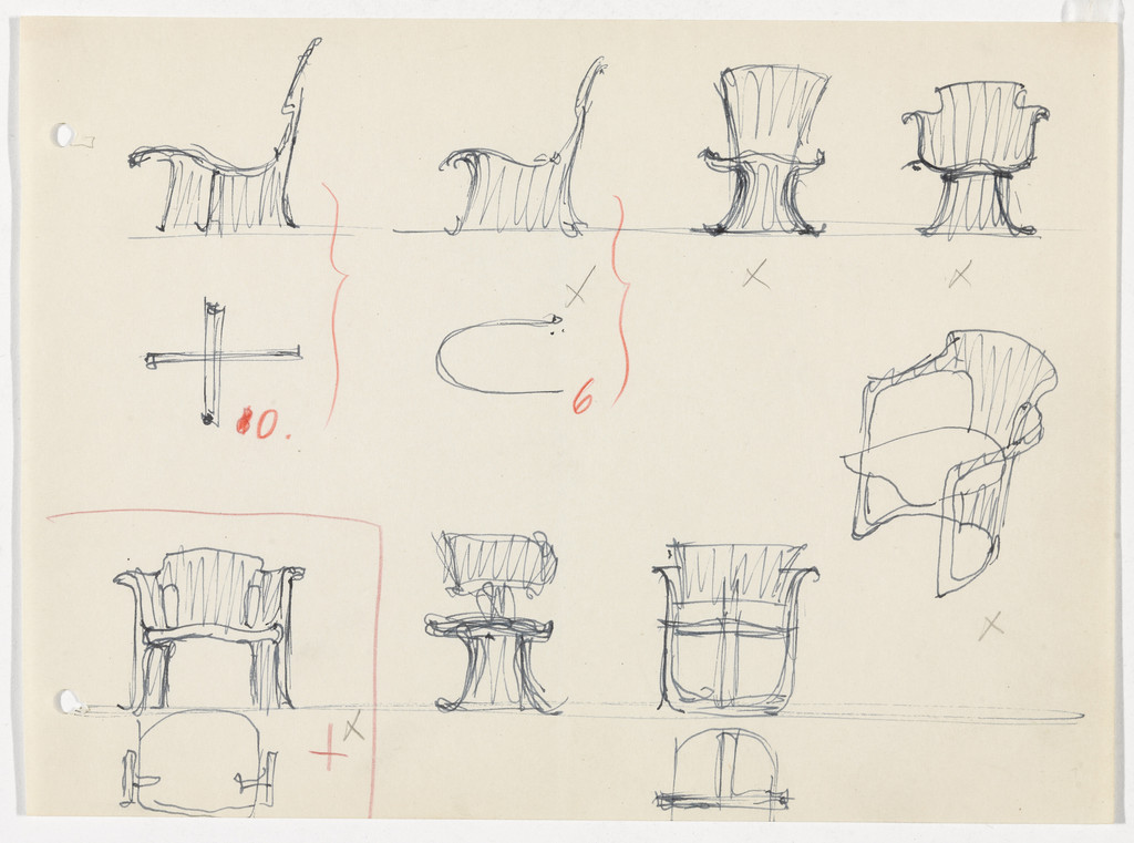 Conchoidal Chair with Arms (Perspective, plan and elevation sketches)