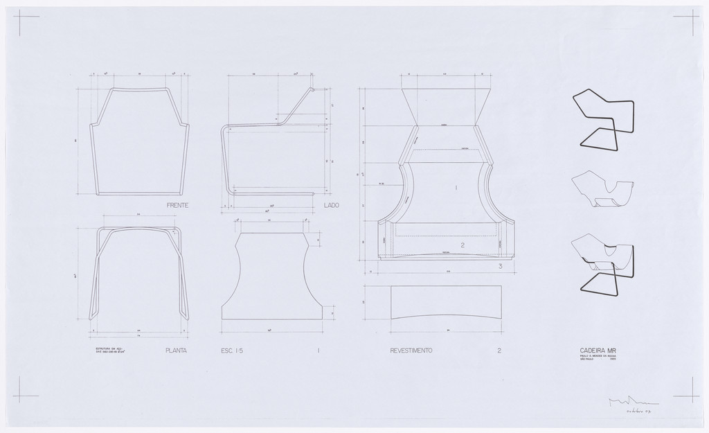 Paulistano Chair Technical Drawing for Steel Structure, Plan Front and Side Views, and Plan for Seat Cover