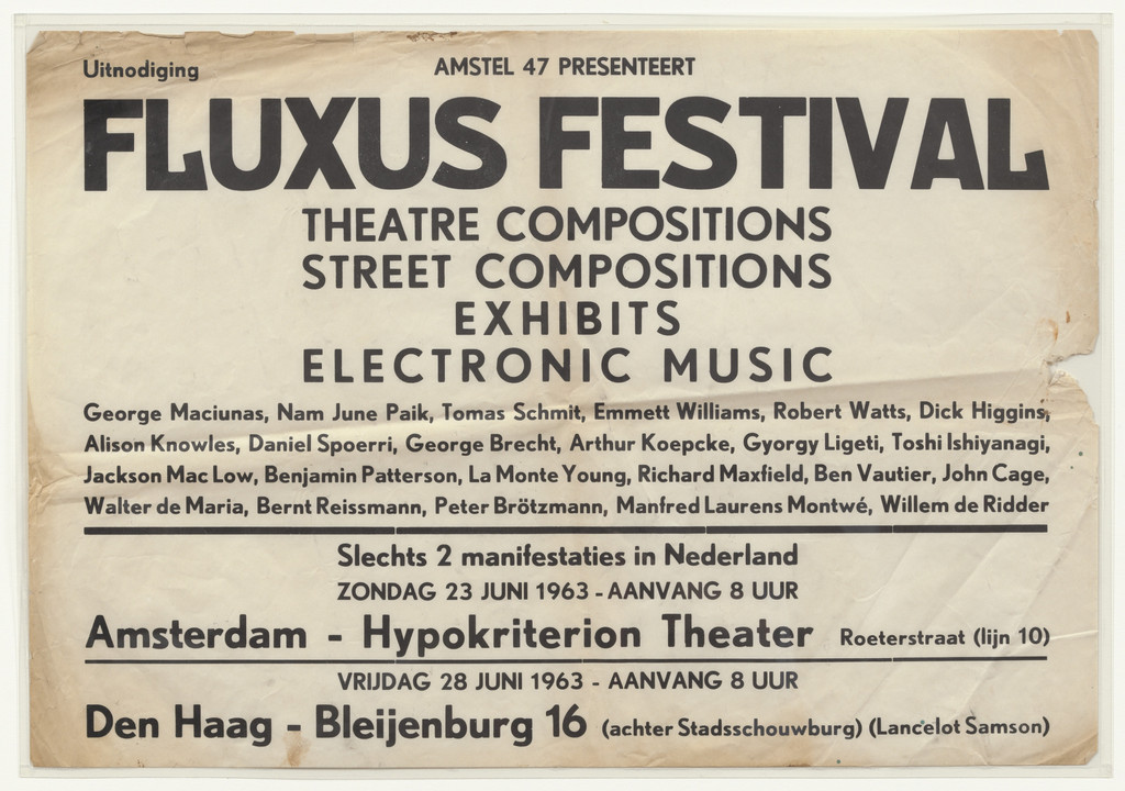 Poster for Fluxus Festival/Theatre Compositions/Street Compositions/Exhibits/Electronic Music, Hypokriterion Theater, Amsterdam, June 23, 1963 and Fluxus Festival, Den Haag, June 28, 1963