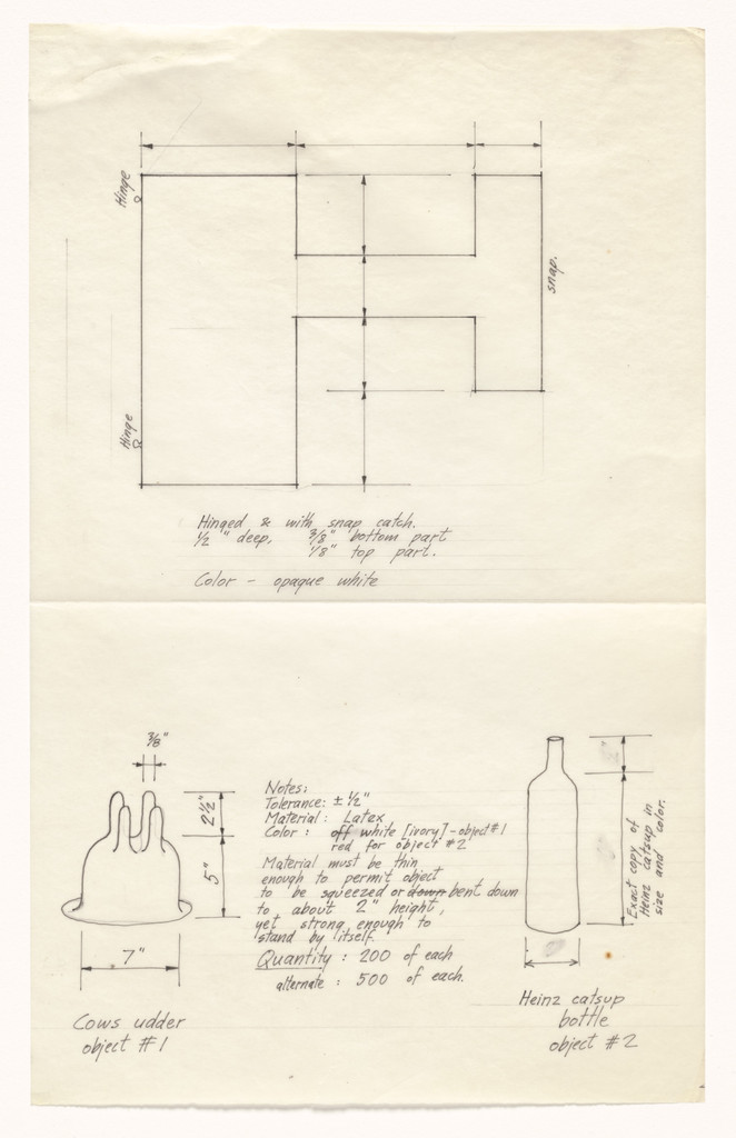 Drawing for Claus Oldenberg's Rubber Udder, Heinz Catsup Bottle, and possibly Lorgnettes