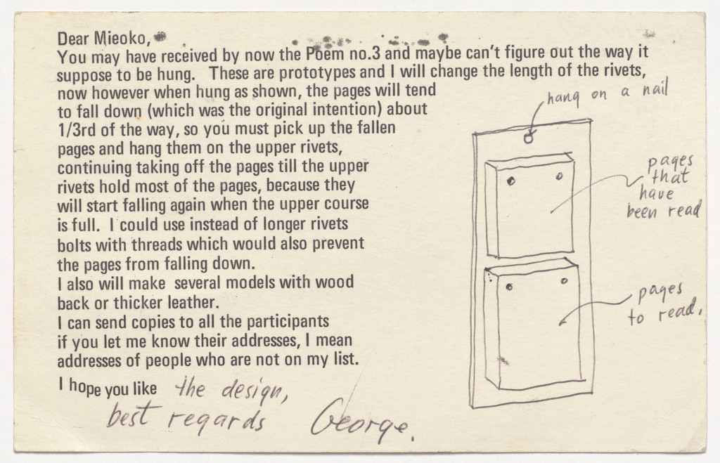 Postcard with notes for Mieko Shiomi's Spatial Poem No. 3