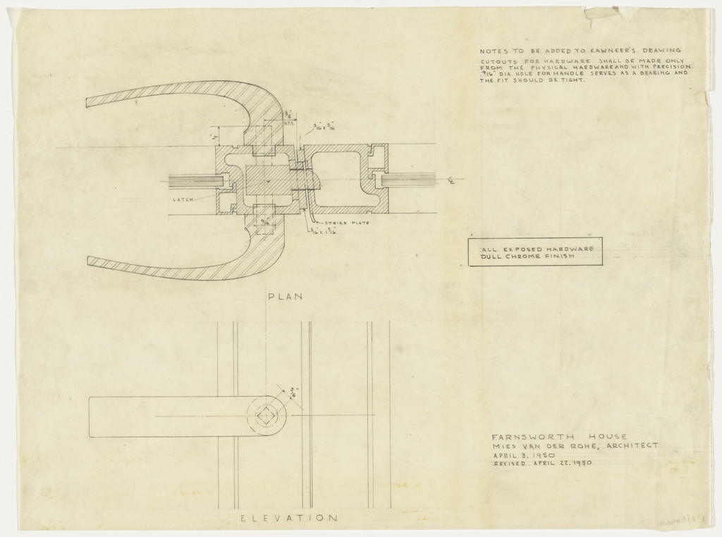 Farnsworth House, Plano, Illinois (Door handle. Plan, elevation.)