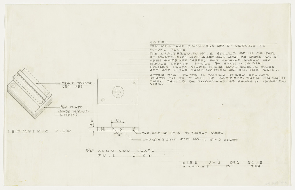 Farnsworth House, Plano, Illinois (Aluminum plate. Isometric view, sections.)